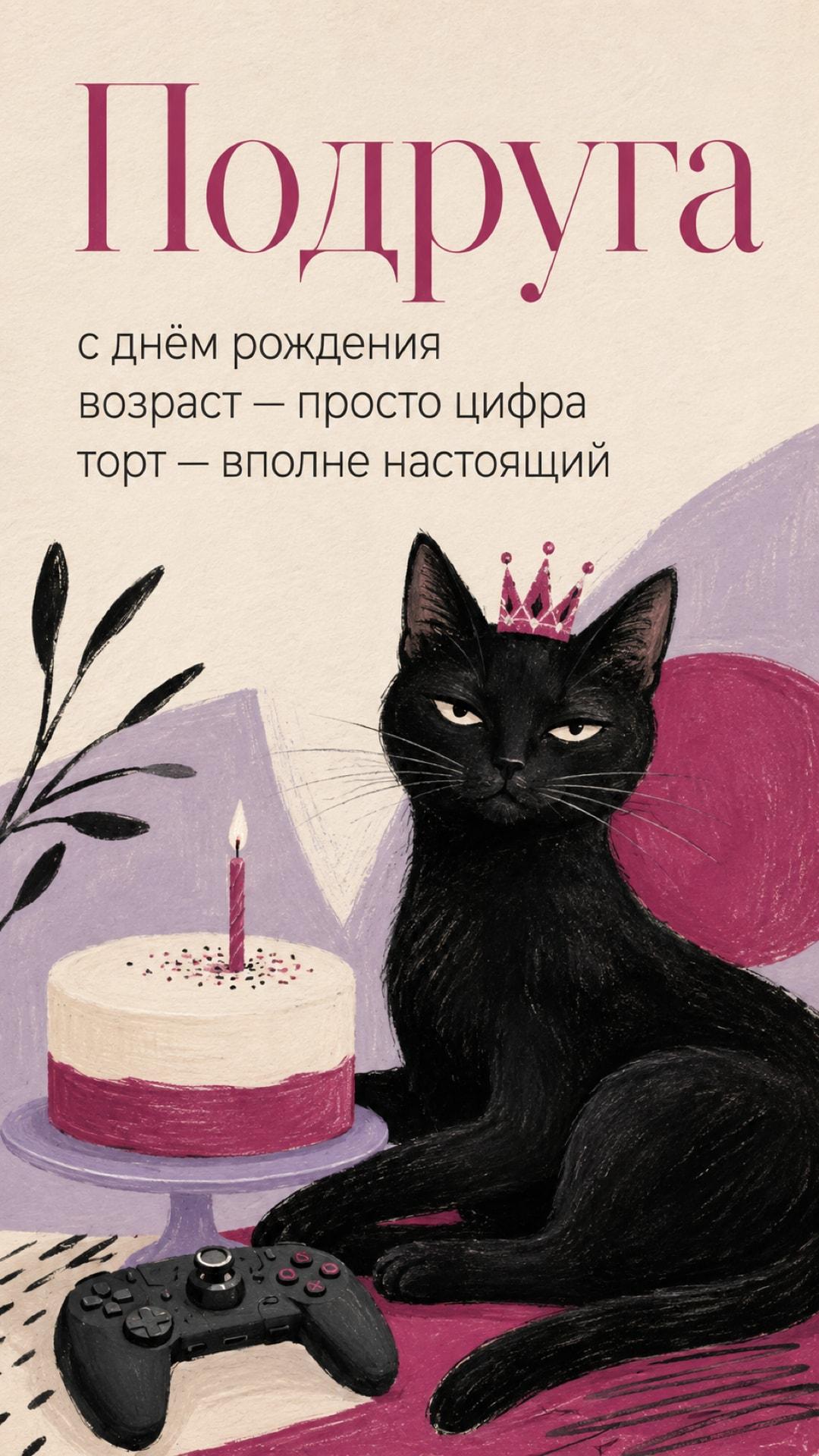 Смешная открытка подруге с днём рождения: царственная чёрная кошка в короне рядом с тортом и игровым джойстиком. Текст: «Подруга. с днём рождения. возраст — просто цифра. торт — вполне настоящий».