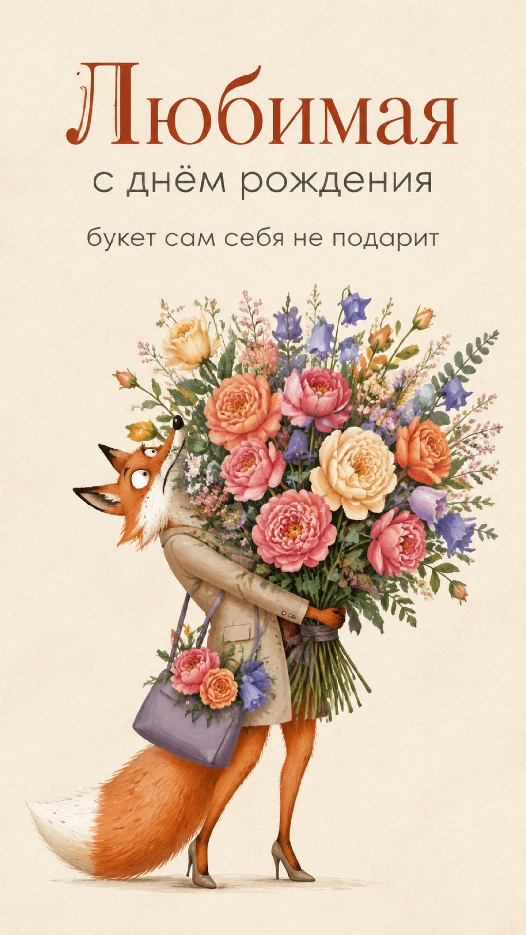 Смешная открытка любимой с днём рождения: лиса едва удерживает фантастически большой необычный букет. Текст: «Любимая. с днём рождения. букет сам себя не подарит».