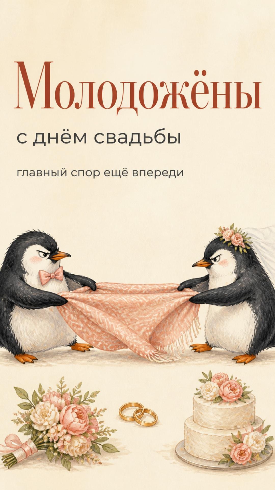 Смешная открытка молодожёнам на свадьбу: два пингвина тянут один плед среди свадебных аксессуаров. Текст: «Молодожёны. с днём свадьбы. главный спор ещё впереди».