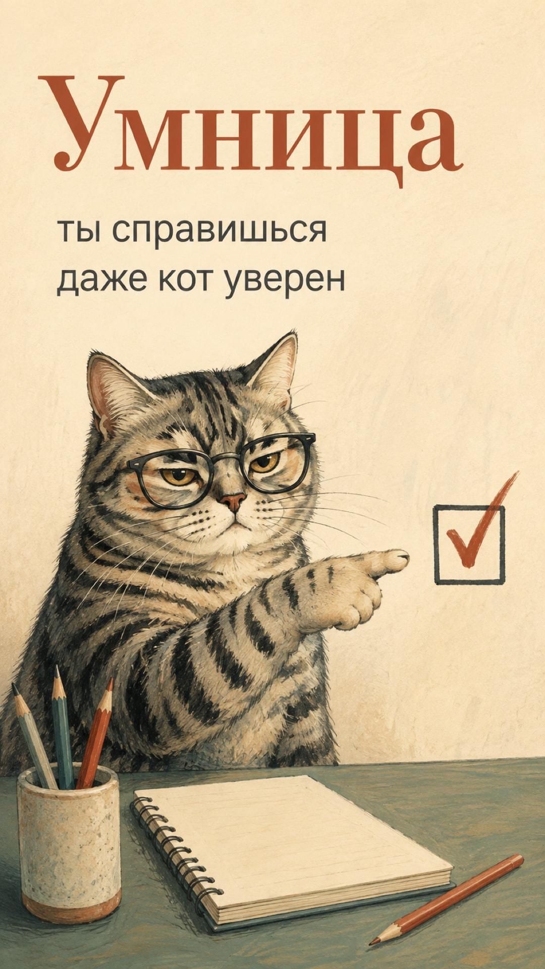 Смешная поддерживающая открытка: серьёзный кот в очках контролирует рабочий стол и показывает галочку. Текст: «Умница. ты справишься. даже кот уверен».