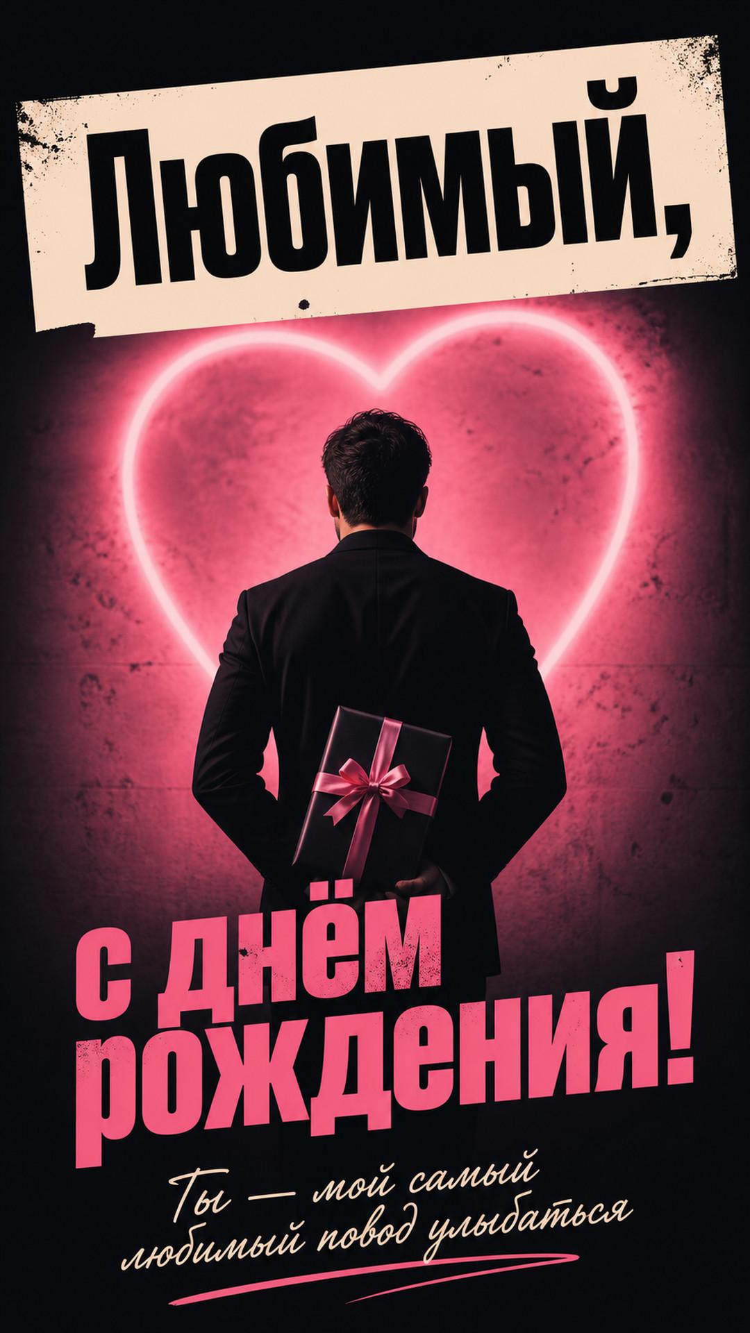 Открытка «Любимый, с днём рождения!»: оригинальный взрослый мужчина со спины держит подарочную коробку, вокруг на стене мягкий свет образует абстрактное сердце, без лица. Надпись: «Ты — мой самый любимый повод улыбаться».