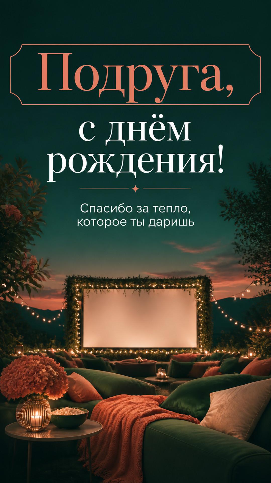 Открытка «Подруга, с днём рождения!»: романтический кинотеатр под открытым небом без экранного текста. Надпись: «Спасибо за тепло, которое ты даришь».