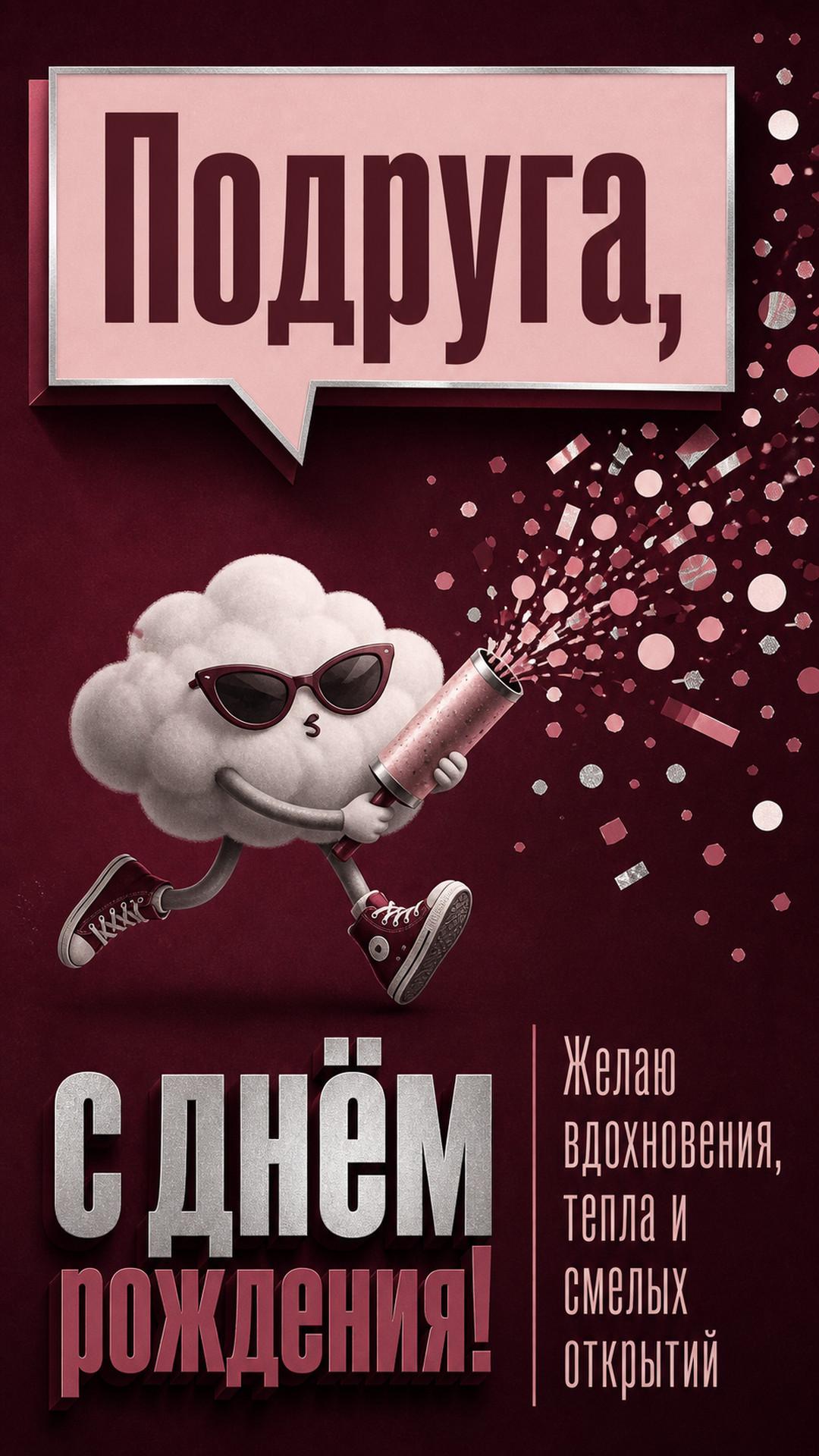 Открытка «Подруга, с днём рождения!»: облачко в кедах запускает конфетти, взрослый графичный юмор. Надпись: «Желаю вдохновения, тепла и смелых открытий».