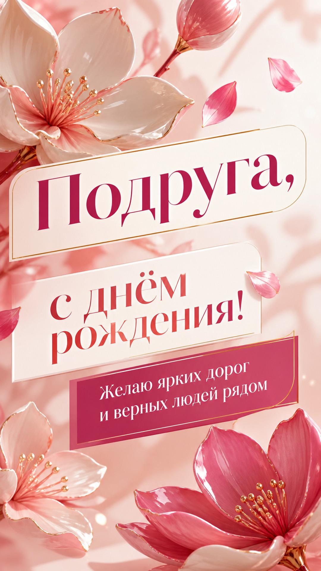 Открытка «Подруга, с днём рождения!»: парящие фарфоровые цветы и мягкие коралловые тени, новая композиция с изменённой глубиной и ракурсом. Надпись: «Желаю ярких дорог и верных людей рядом».