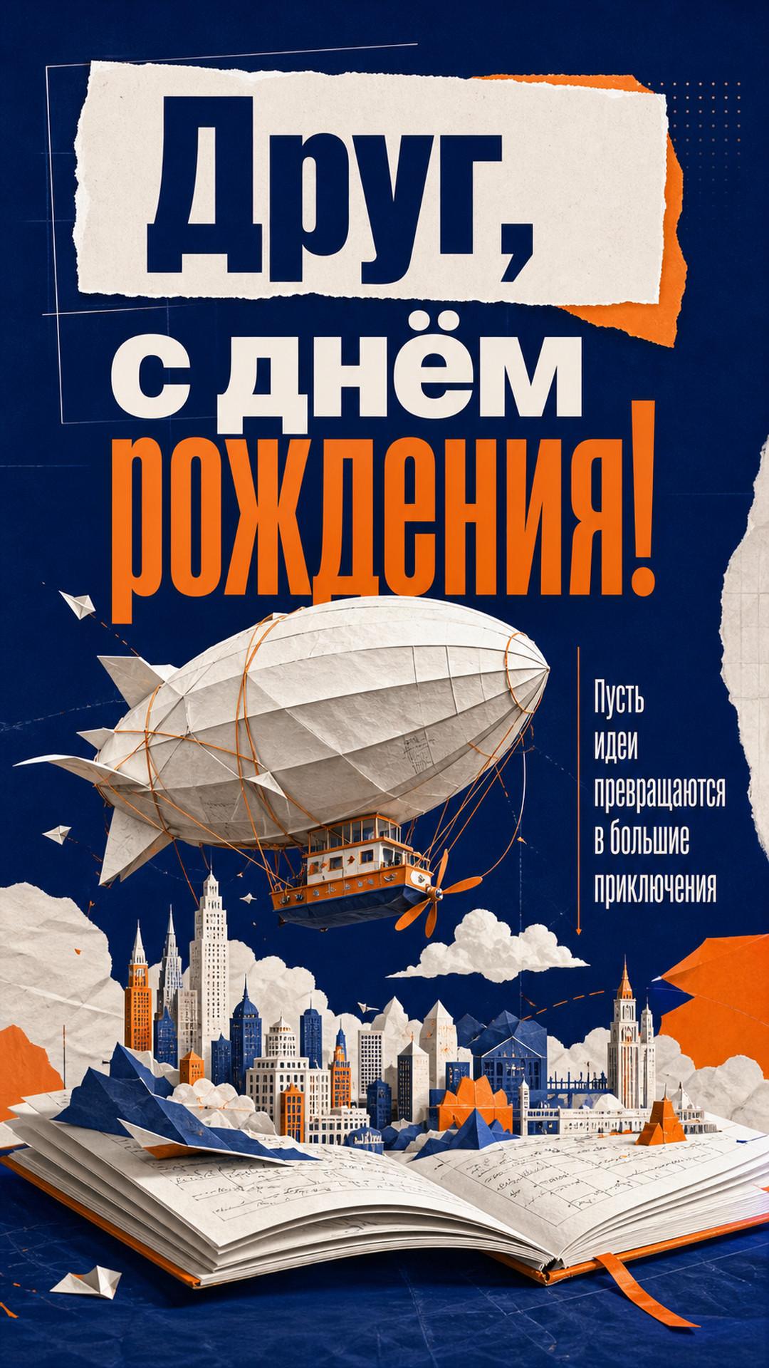 Открытка «Друг, с днём рождения!»: бумажный дирижабль вылетает из раскрытого блокнота над миниатюрным городом, взрослый сюрреалистичный коллаж. Надпись: «Пусть идеи превращаются в большие приключения».