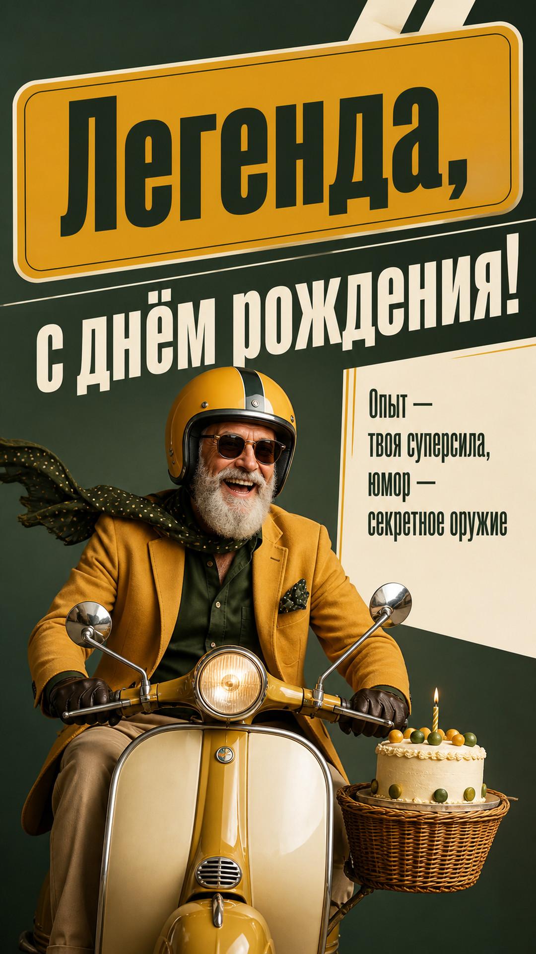 Открытка «Легенда, с днём рождения!»: весёлый стильный дедушка в шлеме едет на винтажном скутере с маленьким тортом в корзине, студийная fashion-съёмка, без брендов. Надпись: «Опыт — твоя суперсила, юмор — секретное оружие».