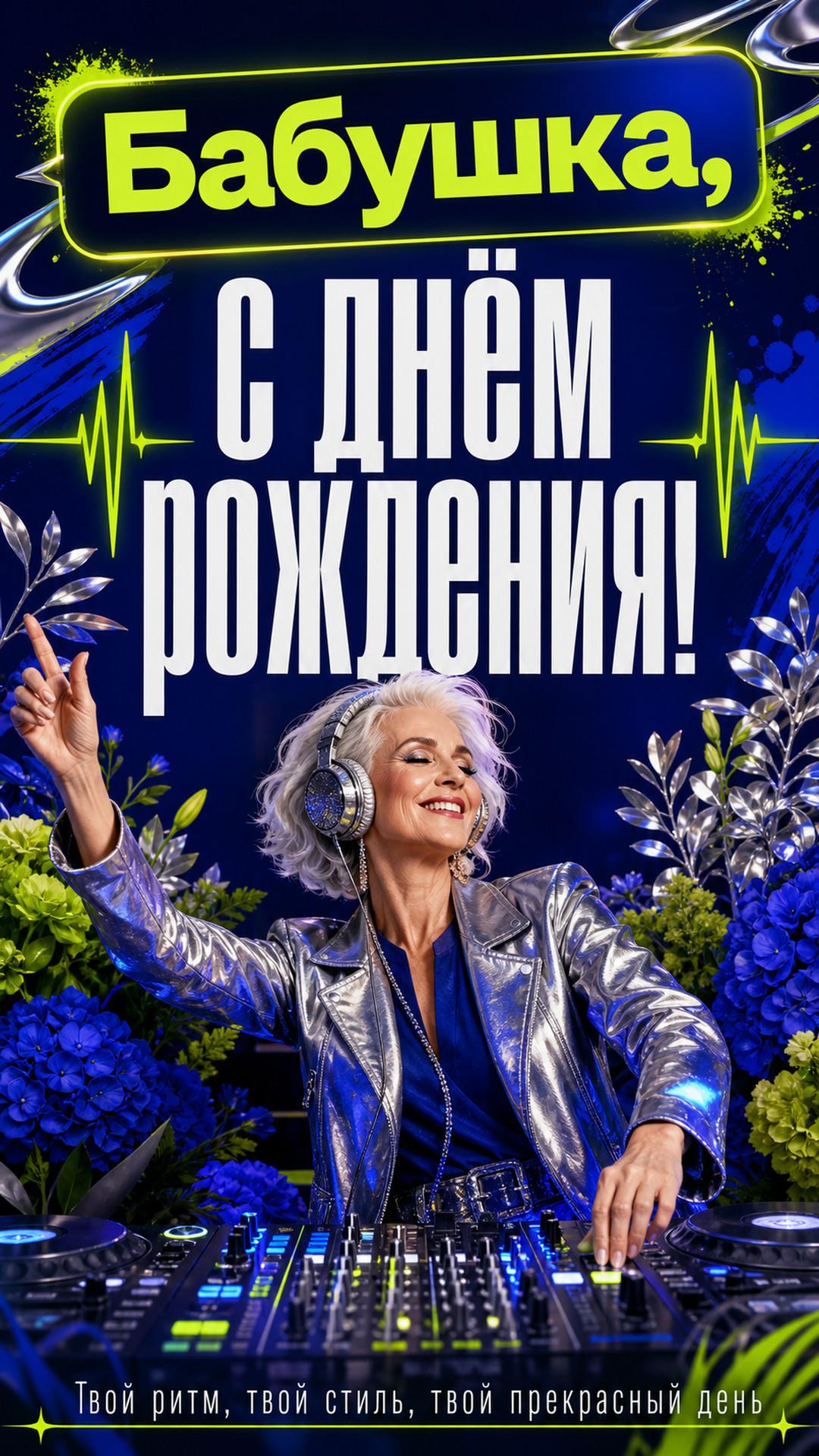 Открытка «Бабушка, с днём рождения!»: стильная сереброволосая женщина за современным диджейским пультом среди живых цветов, радостная взрослая fashion-съёмка, без брендов. Надпись: «Твой ритм, твой стиль, твой прекрасный день».