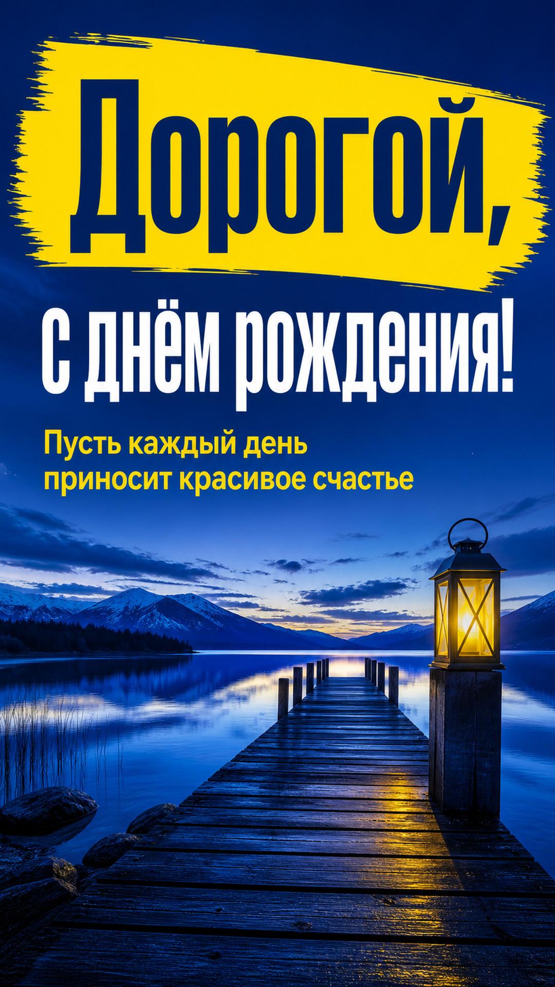 Открытка «Дорогой, с днём рождения!»: северное озеро, деревянный причал и тёплый свет фонаря. Надпись: «Пусть каждый день приносит красивое счастье».
