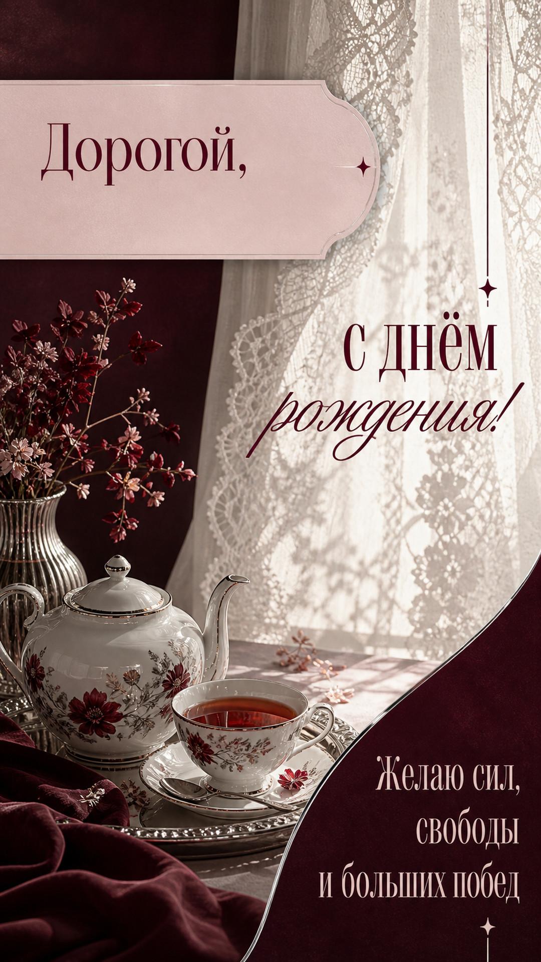 Открытка «Дорогой, с днём рождения!»: чайный натюрморт с фарфором и светом сквозь кружевную занавеску. Надпись: «Желаю сил, свободы и больших побед».