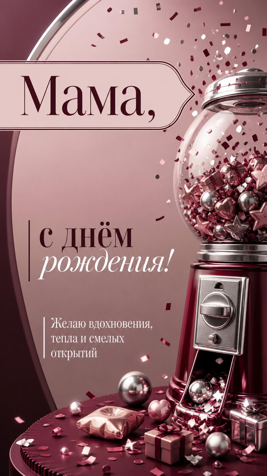 Открытка «Мама, с днём рождения!»: фантазийный автомат с конфетти и маленькими праздничными объектами. Надпись: «Желаю вдохновения, тепла и смелых открытий».