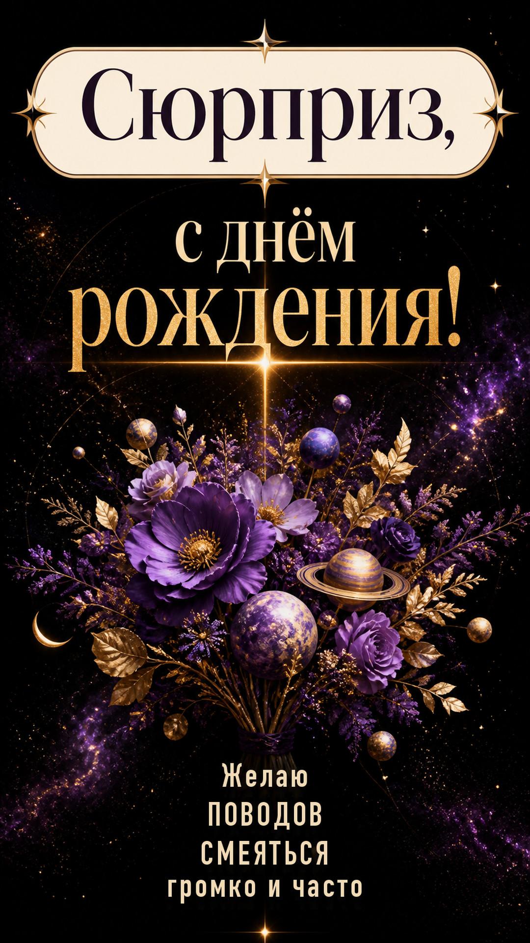 Открытка «Сюрприз, с днём рождения!»: космический букет из живых цветов, маленьких планет и сияющей пыли на глубоким чёрном фоне, без букв в декоре. Надпись: «Желаю поводов смеяться громко и часто».