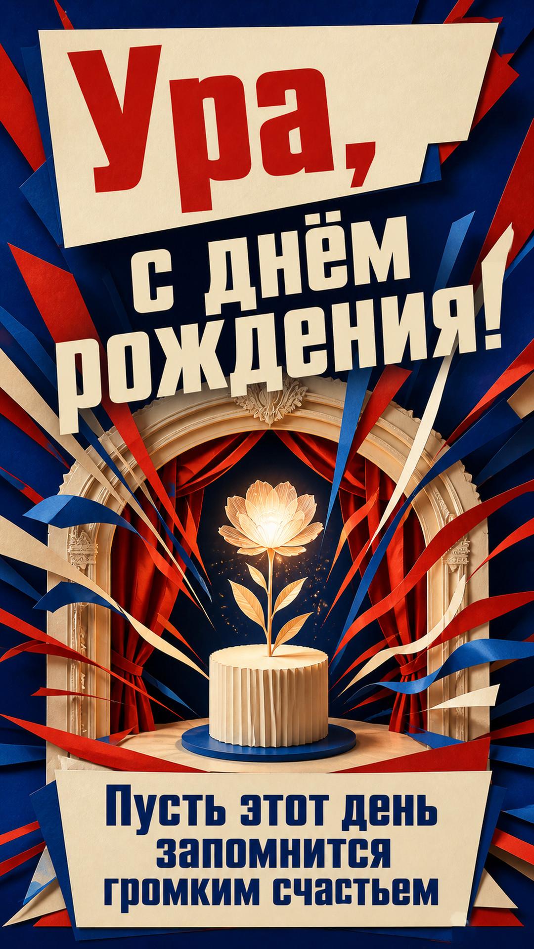 Открытка «Ура, с днём рождения!»: бумажный театральный портал раскрывается взрывом цветных лент, в центре лаконичный торт и один светящийся цветок, без людей. Надпись: «Пусть этот день запомнится громким счастьем».