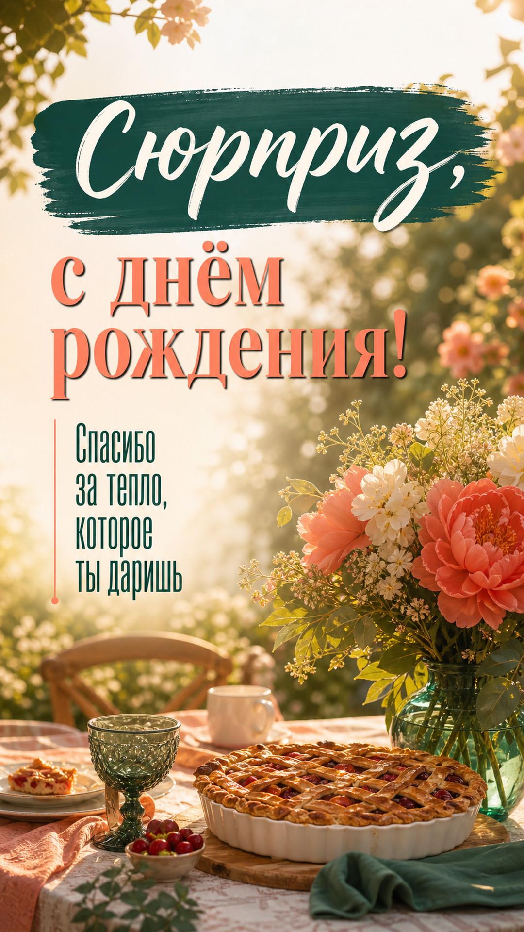 Открытка «Сюрприз, с днём рождения!»: семейный стол в саду, пирог и цветы в тёплом контровом свете, новая композиция с изменённой глубиной и ракурсом. Надпись: «Спасибо за тепло, которое ты даришь».