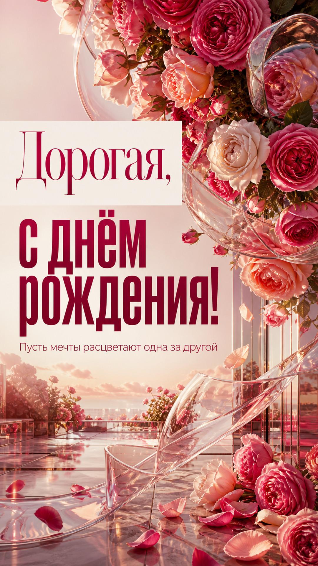 Открытка «Дорогая, с днём рождения!»: каскад садовых роз и стеклянные ленты над зеркальной террасой. Надпись: «Пусть мечты расцветают одна за другой».
