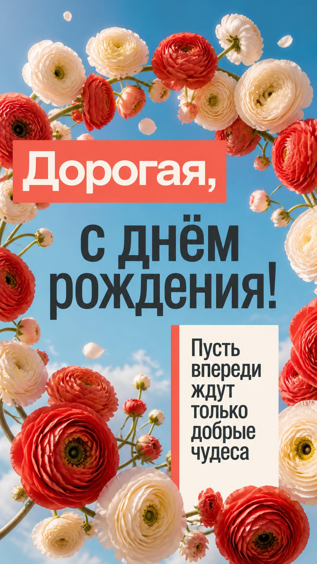 Открытка «Дорогая, с днём рождения!»: солнечный круг из ранункулюсов на фоне лазурного неба. Надпись: «Пусть впереди ждут только добрые чудеса».
