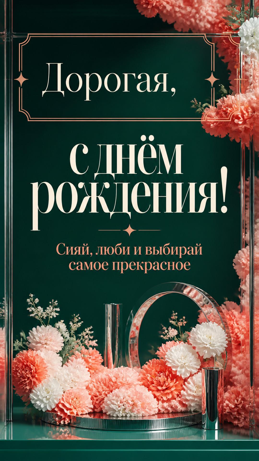 Открытка «Дорогая, с днём рождения!»: модная витрина с цветочным облаком и хромированными деталями. Надпись: «Сияй, люби и выбирай самое прекрасное».