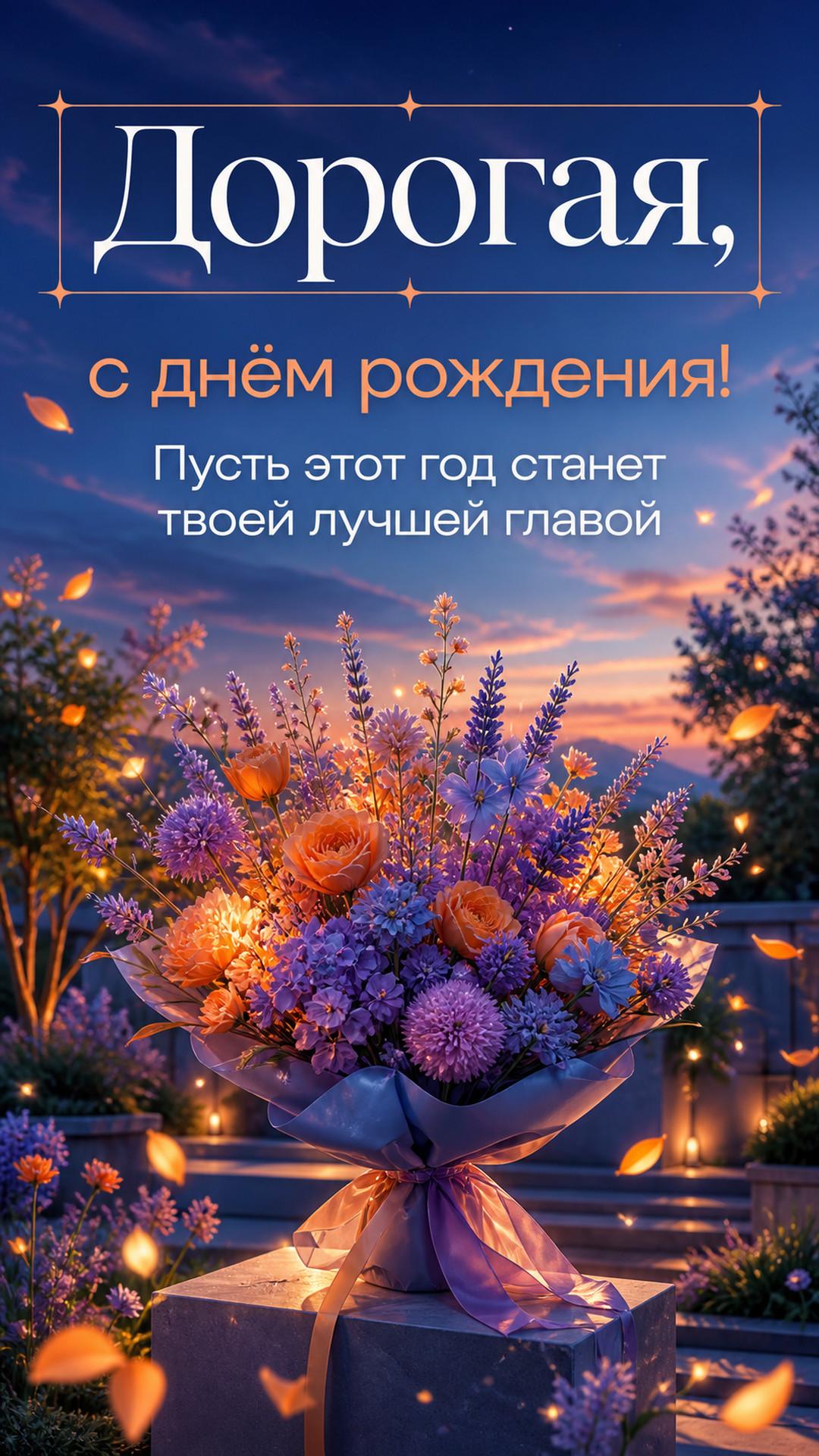 Открытка «Дорогая, с днём рождения!»: вечерний сад, светящиеся лепестки и один скульптурный букет. Надпись: «Пусть этот год станет твоей лучшей главой».
