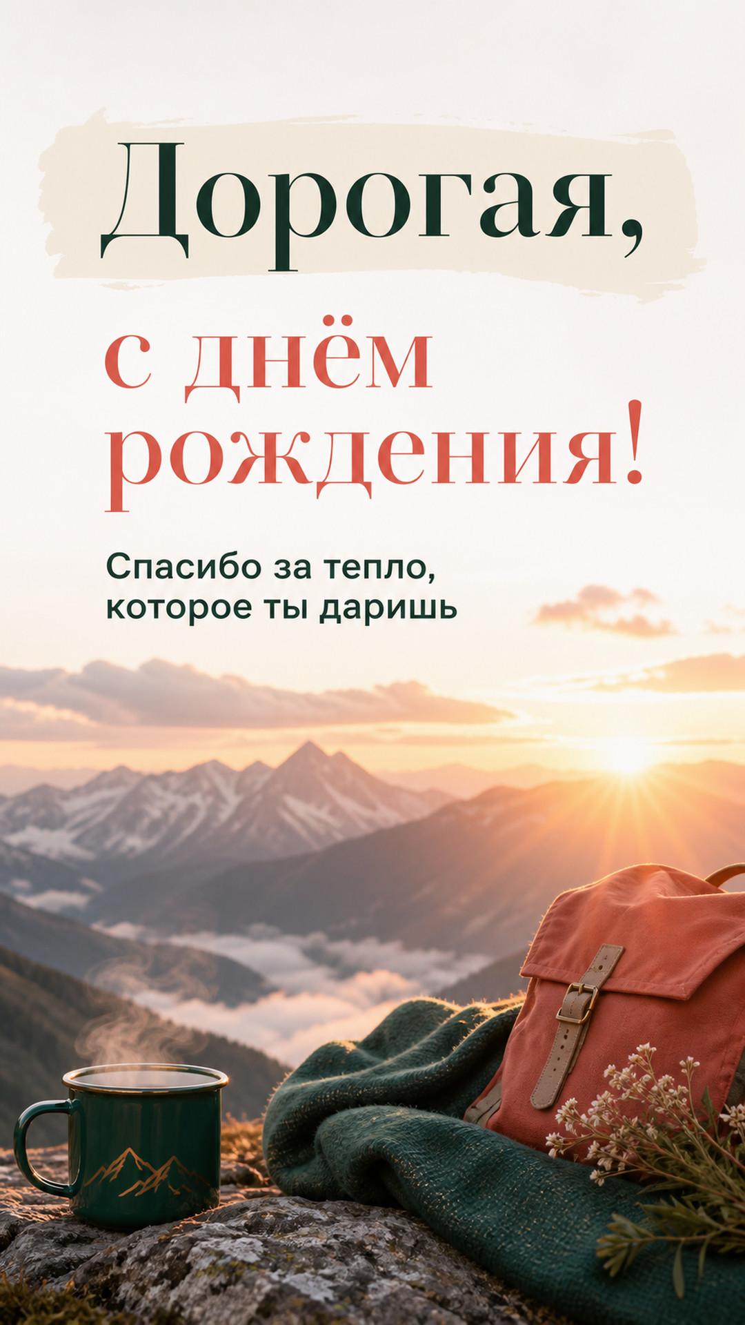 Открытка «Дорогая, с днём рождения!»: золотой рассвет над горами и лаконичный походный натюрморт. Надпись: «Спасибо за тепло, которое ты даришь».