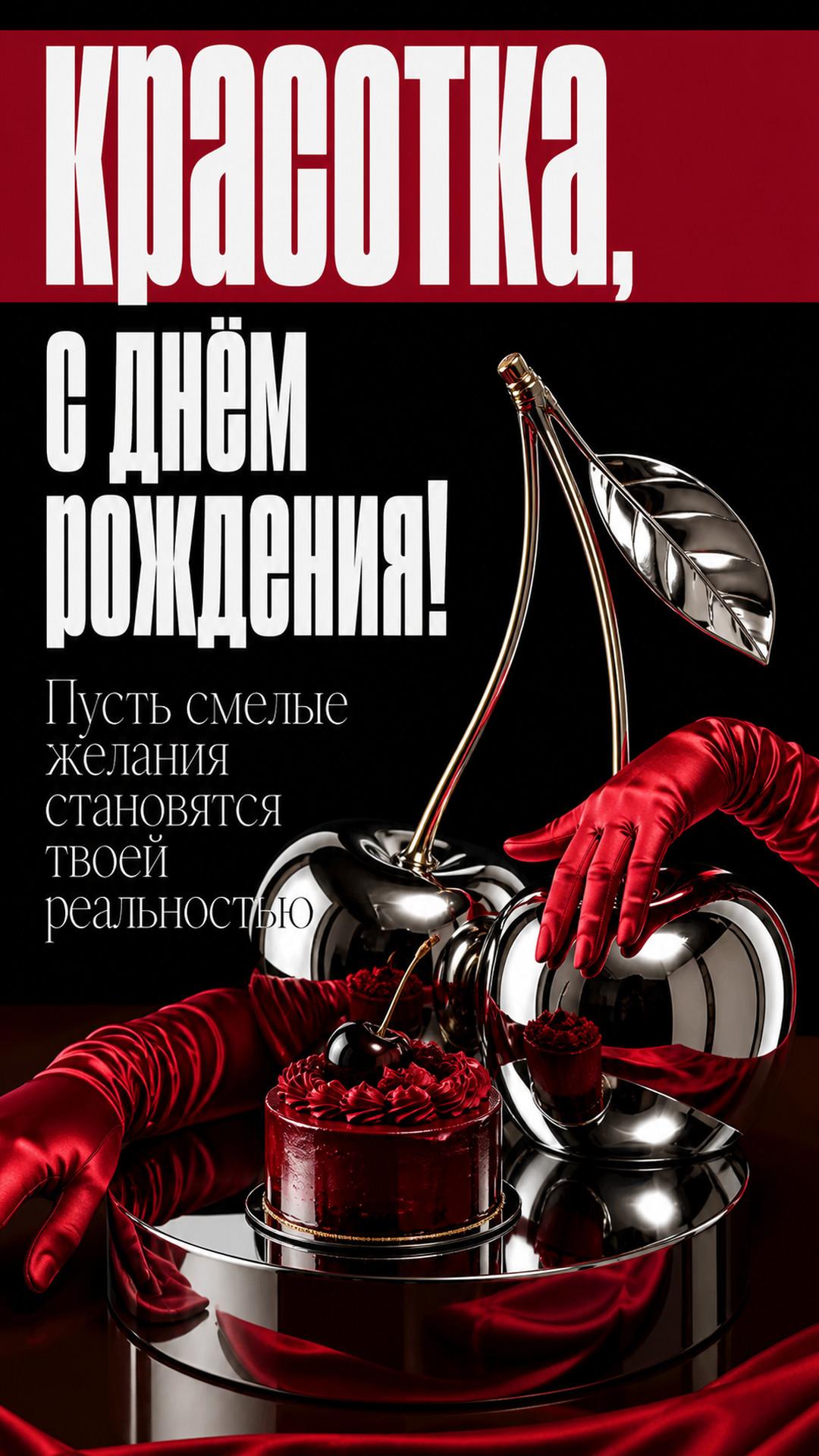Открытка «Красотка, с днём рождения!»: хромированные вишни размером с кресло, красные оперные перчатки и маленький торт на зеркальном подиуме, high fashion still life. Надпись: «Пусть смелые желания становятся твоей реальностью».