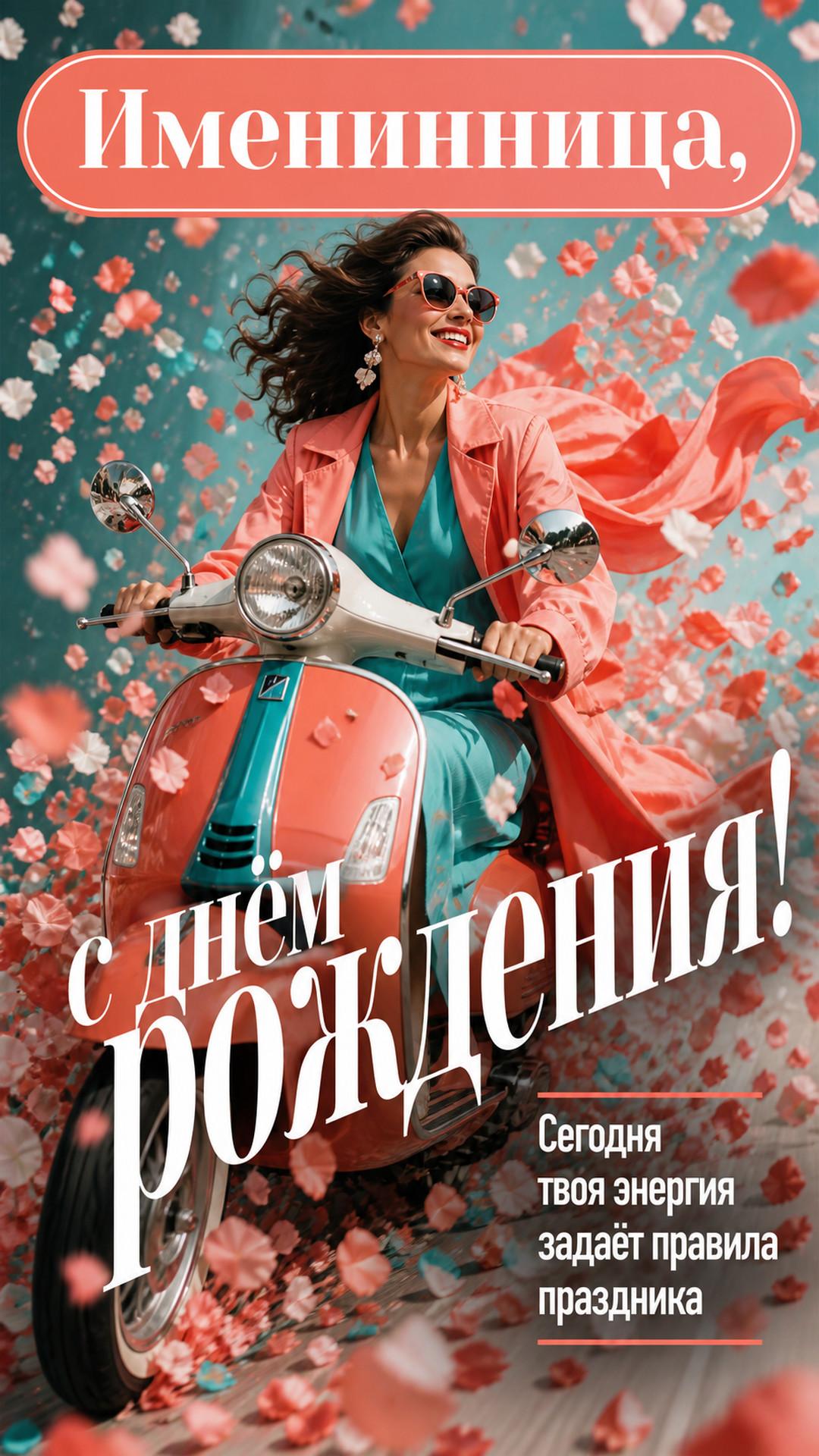Открытка «Именинница, с днём рождения!»: элегантная взрослая женщина на цветном скутере проезжает через студийный дождь из бумажных лепестков, оригинальная внешность, без брендов. Надпись: «Сегодня твоя энергия задаёт правила праздника».