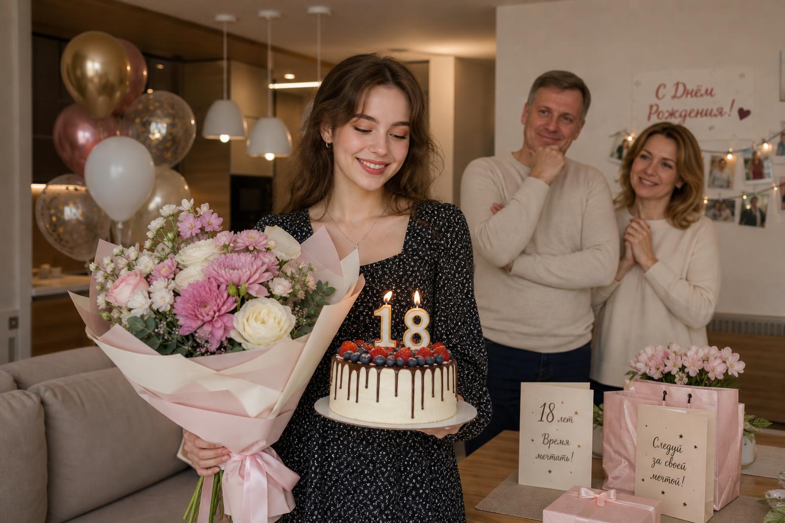 Родители обнимают совершеннолетнего ребёнка на празднике 18 лет