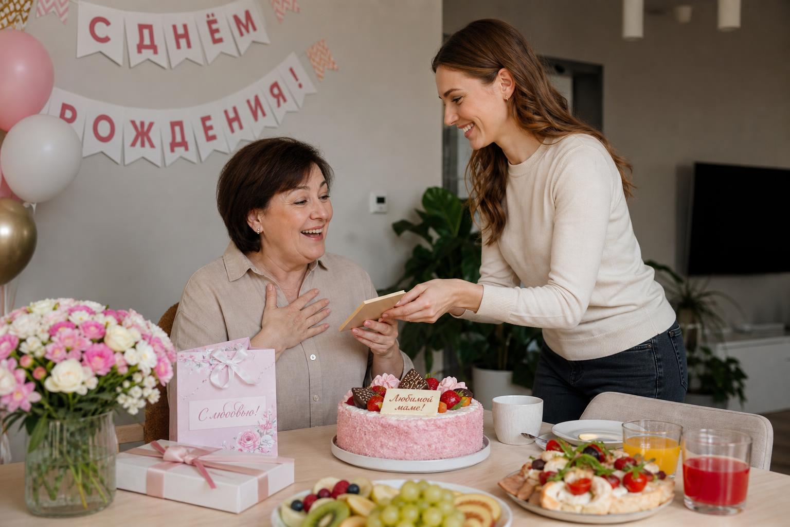 Семья празднует день рождения свекрови за столом