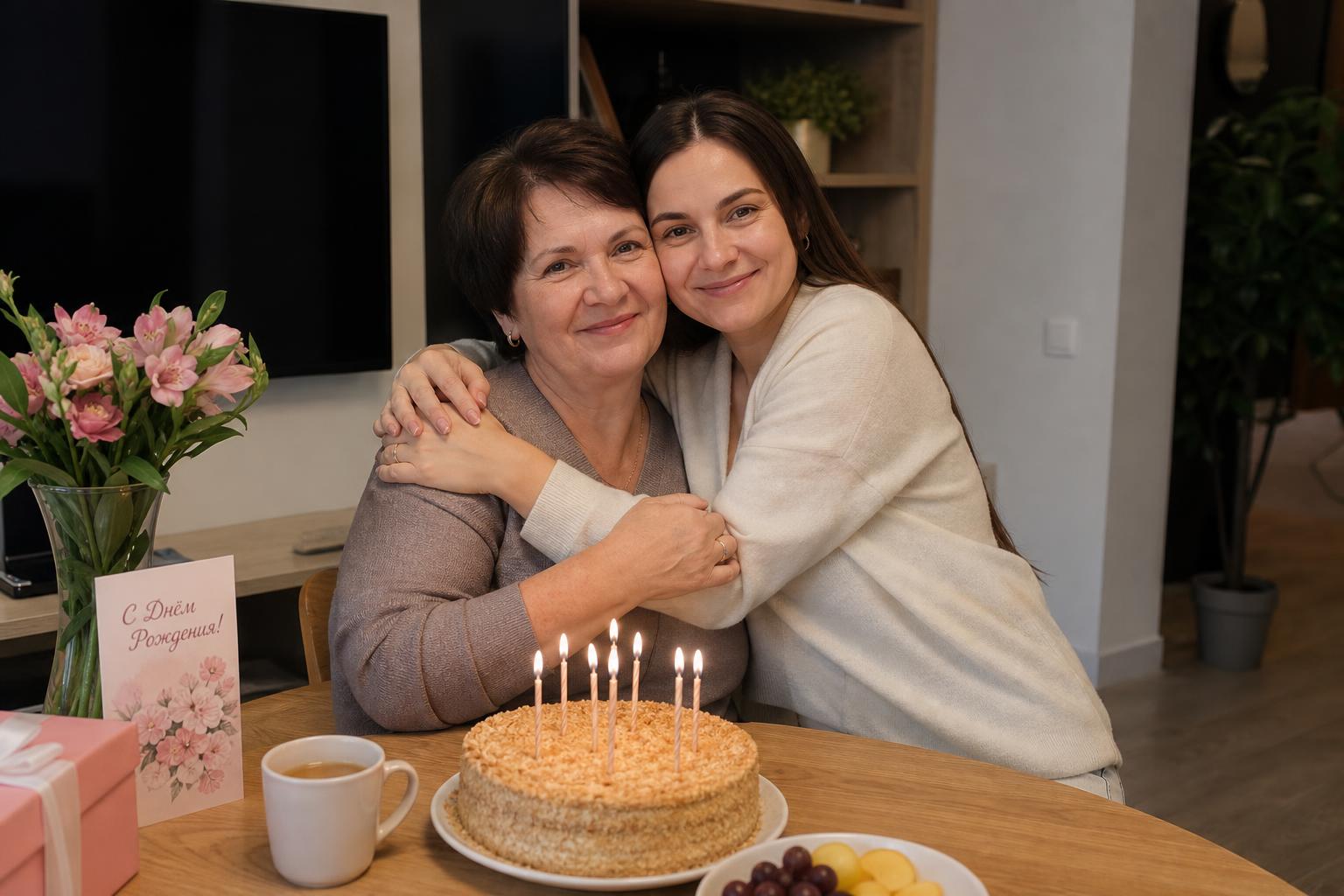 Свекровь и невестка обнимаются на семейном празднике