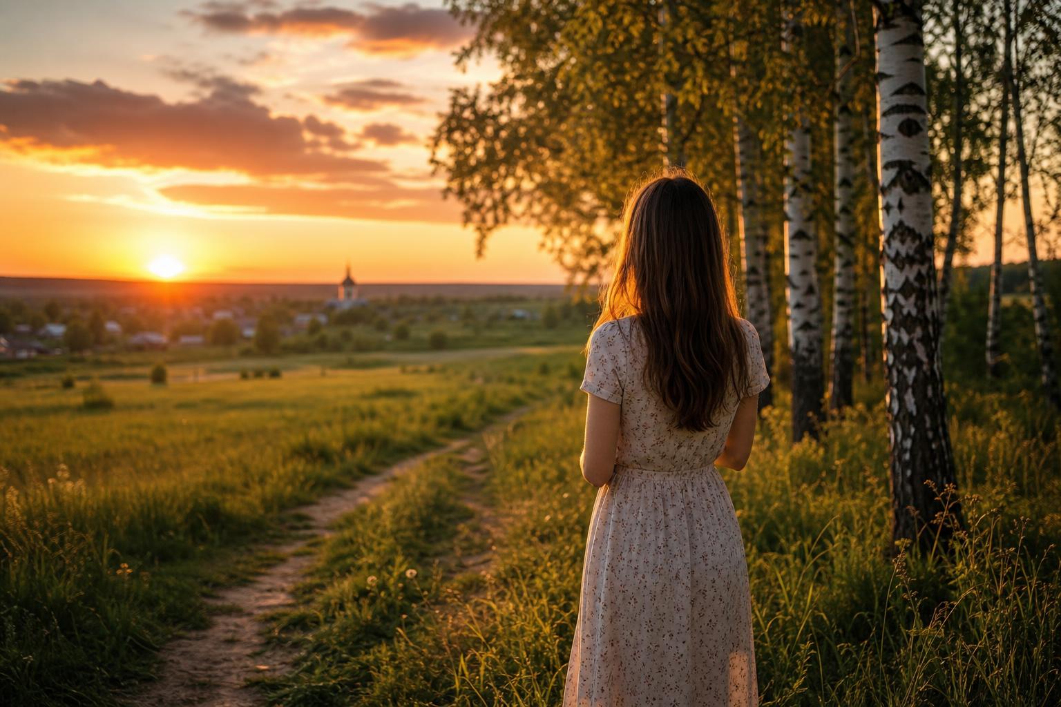 Тёплый летний пейзаж — берёзы, поле и тропинка вдаль на закате