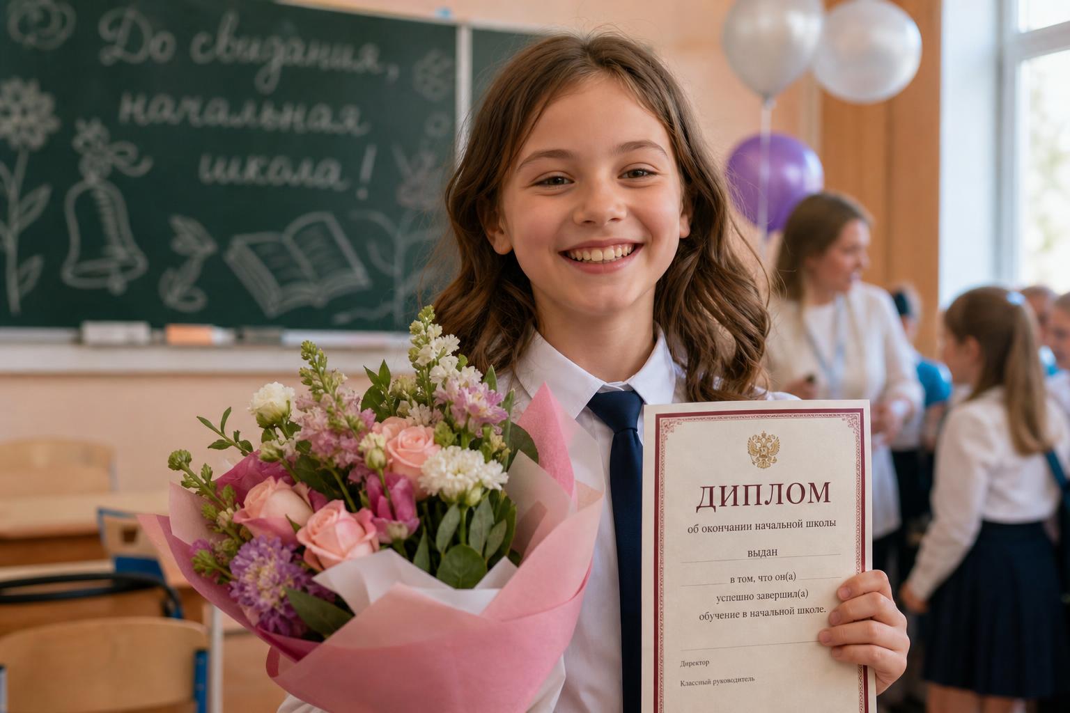Выпускник 4 класса получает подарок на выпускном вечере