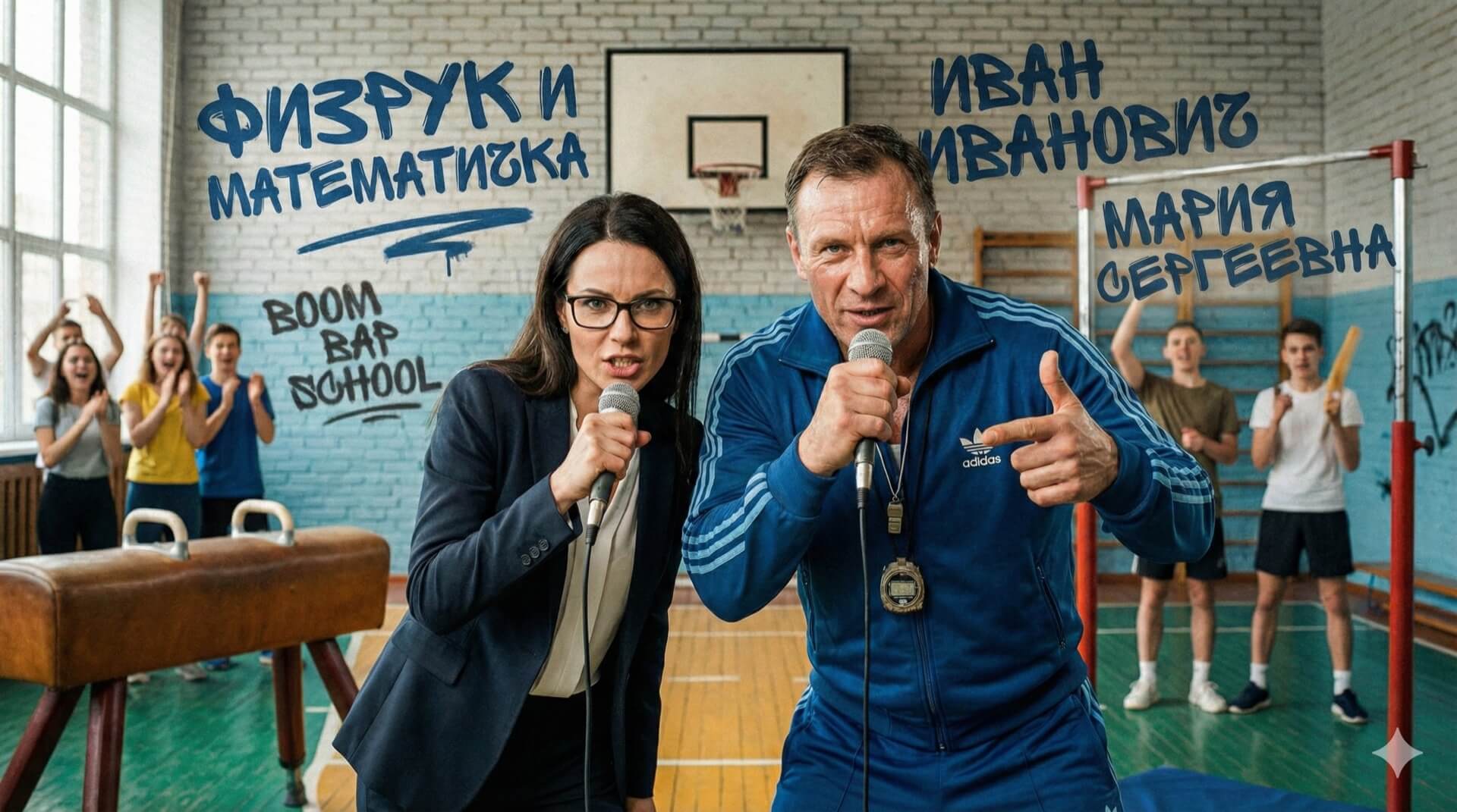 Физрук Иван Иванович в синем спортивном костюме и математичка Мария Сергеевна в деловом костюме с микрофонами читают рэп в школьном спортзале. На заднем плане ученики и надписи "ФИЗРУК И МАТЕМАТИЧКА&amp