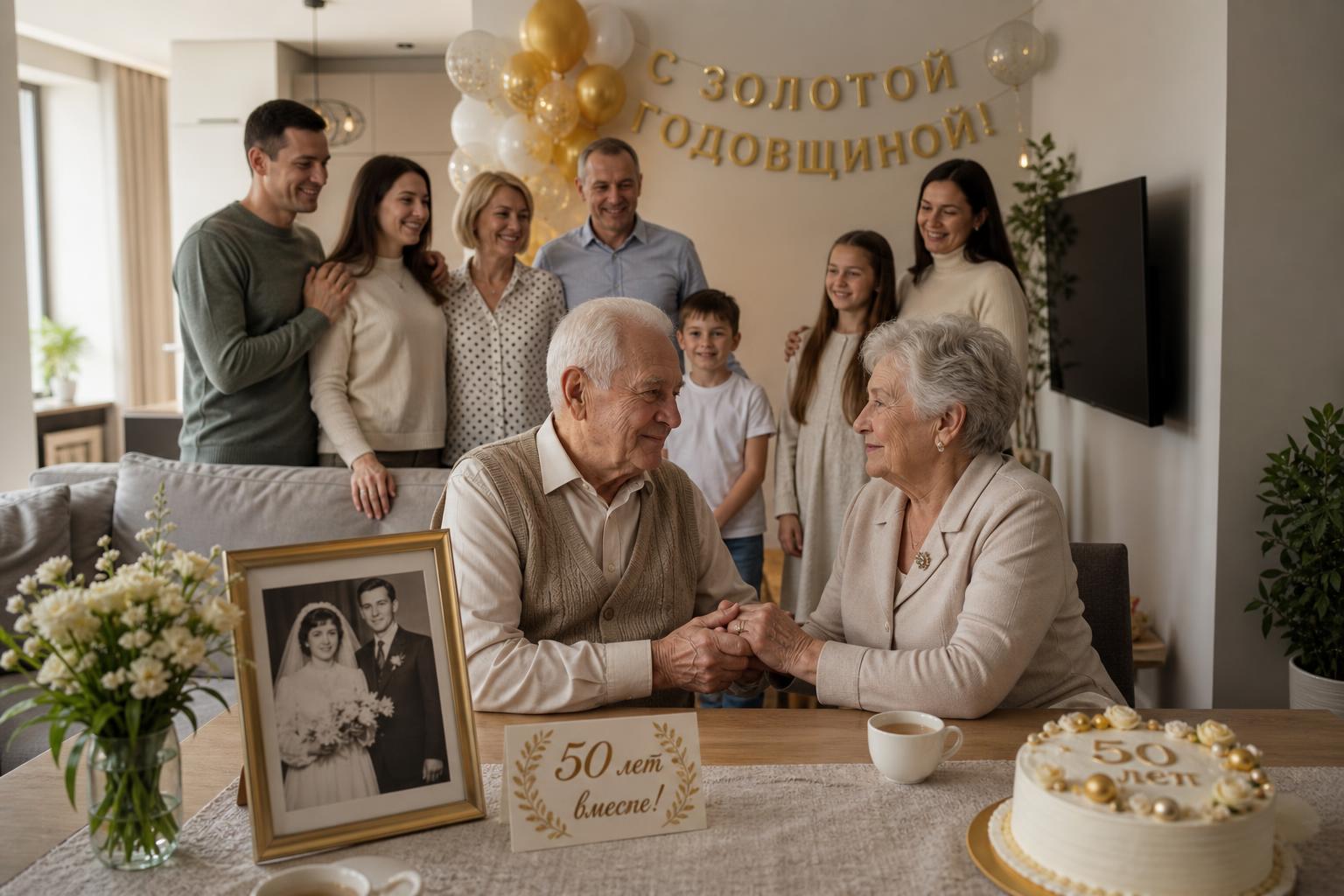 Пара на золотой свадьбе слушает персональную песню от детей и внуков