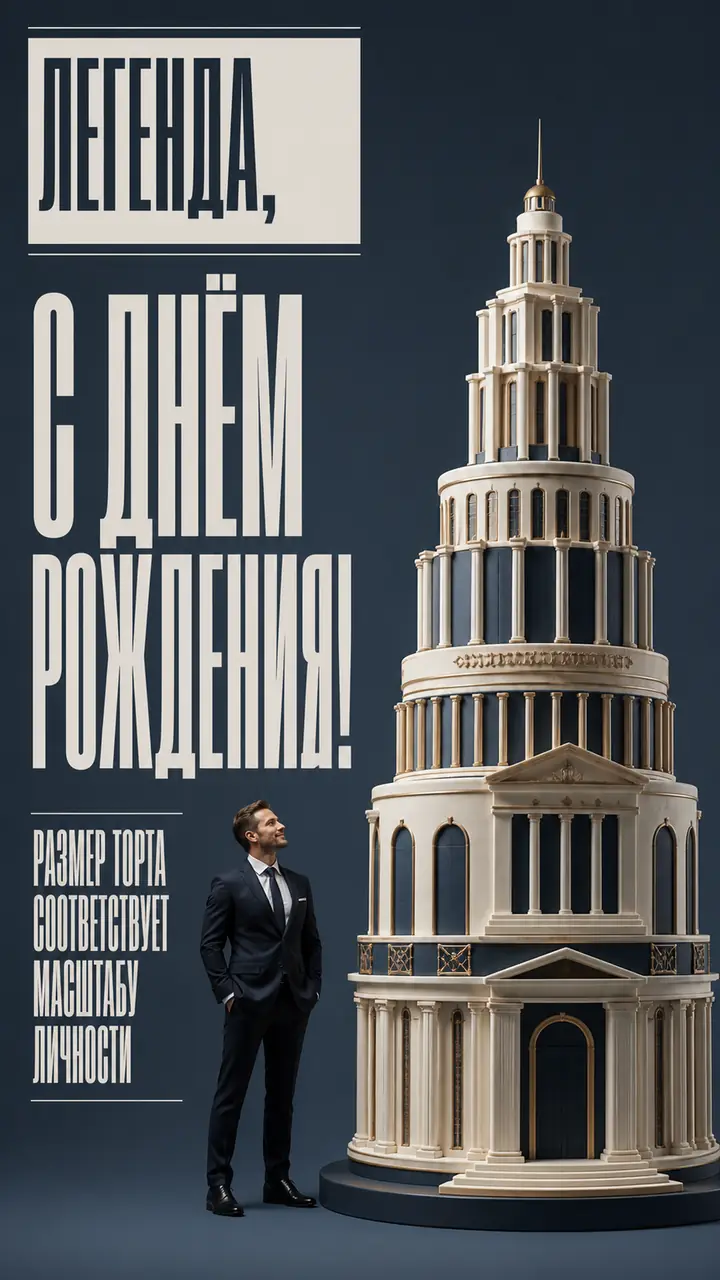 Музыкальная открытка №32: Легенда, с днём рождения. Размер торта соответствует масштабу личности